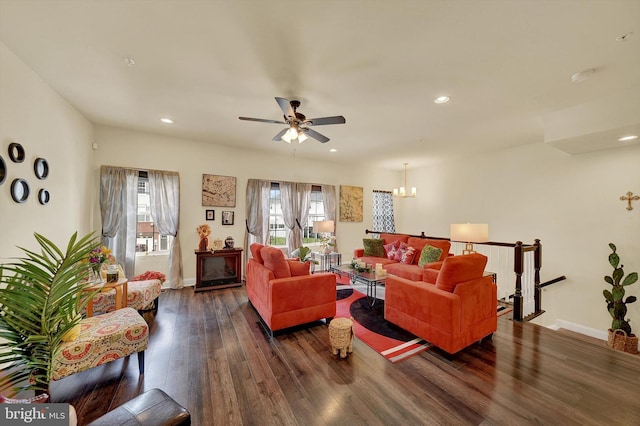 8346 Daydream Cres, Pasadena, MD 21122 - living area with plenty of natural light, dark wood-type flooring, recessed lighting, ceiling fan, and baseboards