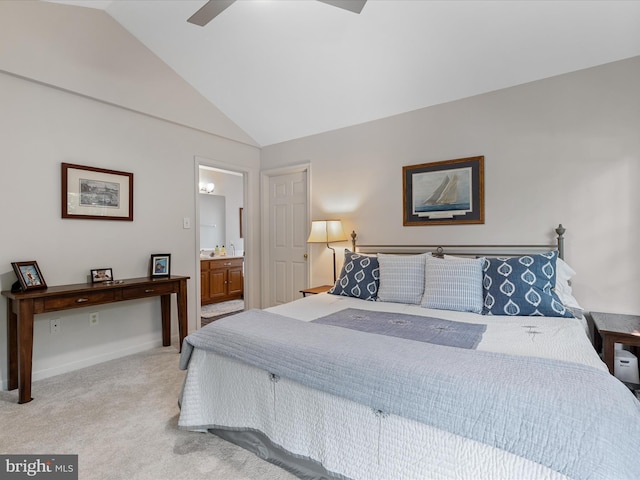 106 Barb Ct, Stephens City, VA 22655 - bedroom with lofted ceiling, light colored carpet, ensuite bath, and ceiling fan