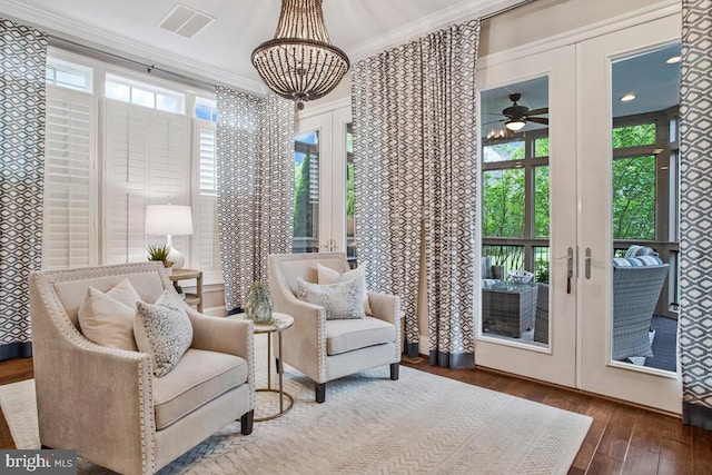 448 Salk Cir, Gaithersburg, MD 20878 - sitting room featuring french doors, hardwood / wood-style floors, ornamental molding, a chandelier, and a ceiling fan