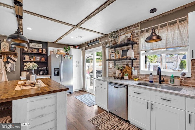 111 Lawrence Dr, Lanoka Harbor, NJ 08734 - kitchen with stainless steel appliances, open shelves, wooden counters, a sink, and recessed lighting
