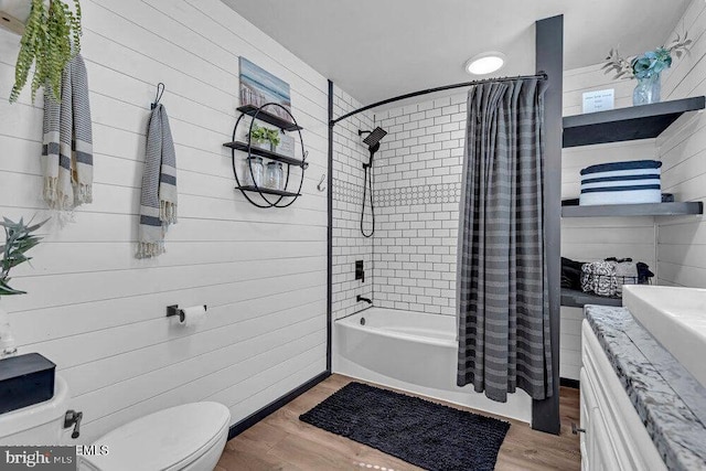111 Lawrence Dr, Lanoka Harbor, NJ 08734 - bathroom with toilet, shower / bath combo, wood finished floors, wood walls, and vanity