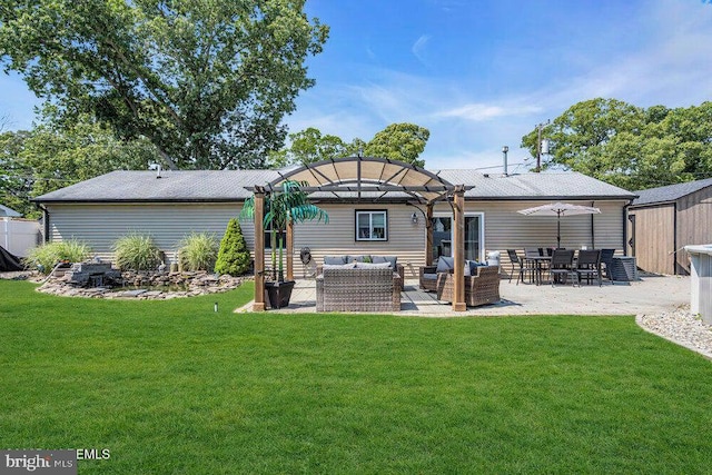 111 Lawrence Dr, Lanoka Harbor, NJ 08734 - back of property featuring an outdoor hangout area, a pergola, a yard, and a patio