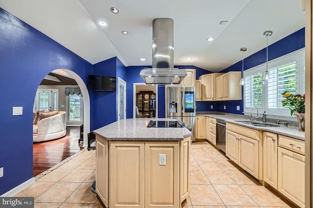 3528 Cohasset Ave, Annapolis, MD 21403 - kitchen with lofted ceiling, light brown cabinets, appliances with stainless steel finishes, arched walkways, and light tile patterned flooring