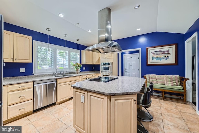 3528 Cohasset Ave, Annapolis, MD 21403 - kitchen with appliances with stainless steel finishes, light brown cabinetry, island exhaust hood, a kitchen island, and lofted ceiling
