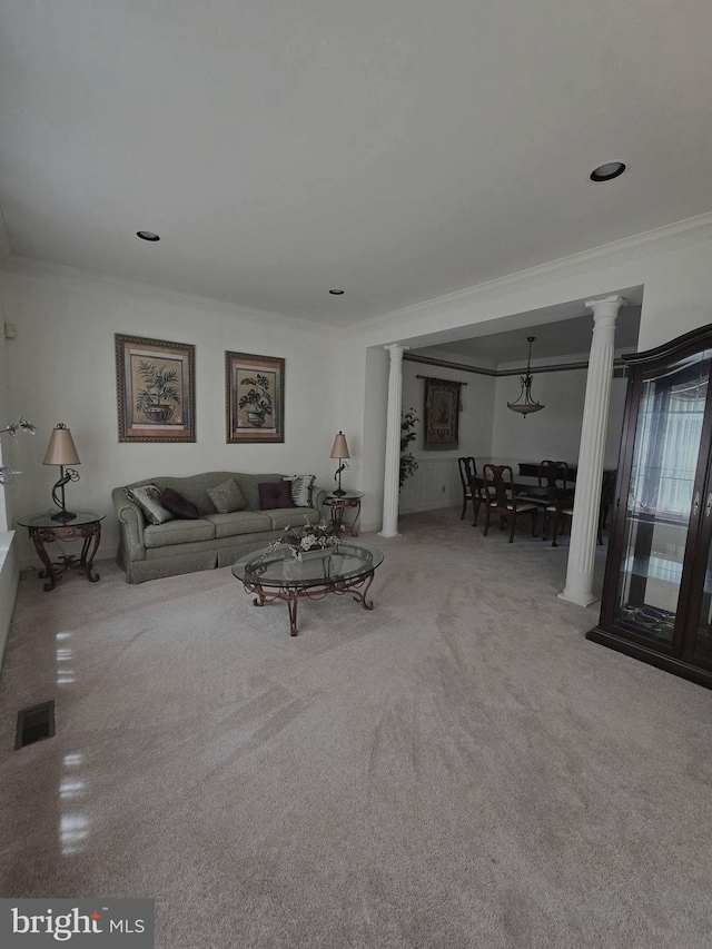 721 Kincaid Mills Ln, Wallingford, PA 19086 - living room with ornamental molding, ornate columns, and carpet floors