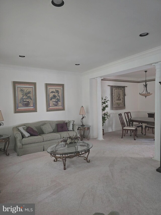 721 Kincaid Mills Ln, Wallingford, PA 19086 - carpeted living room featuring crown molding and decorative columns