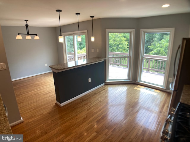 8726 Wadebrook Ter, Springfield, VA 22153 - kitchen featuring hardwood / wood-style floors, a peninsula, light stone countertops, baseboards, and decorative light fixtures