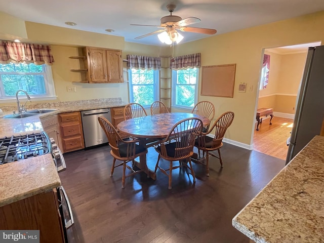 604 Ivystone Ln, Cinnaminson, NJ 08077 - dining space featuring ceiling fan, dark wood finished floors, and baseboards
