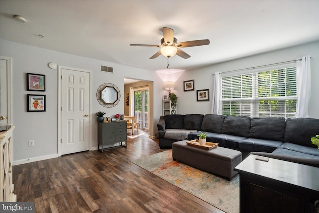 2009 Creekside Ct Unit 28, Warrington, PA 18976 - living room featuring a ceiling fan, dark wood-style flooring, and baseboards