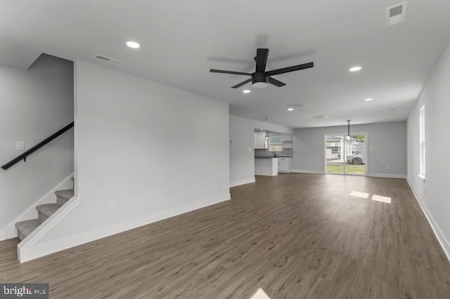 411 New York Ave, Croydon, PA 19021 - unfurnished living room featuring wood finished floors, a ceiling fan, recessed lighting, baseboards, and stairs