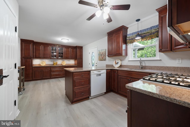 470 N Nautilus Dr, Manahawkin, NJ 08050 - kitchen with white dishwasher, a peninsula, light wood-style flooring, and ceiling fan