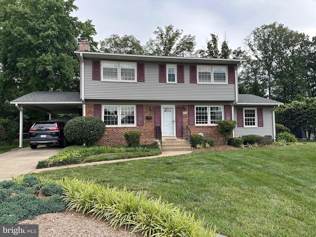 8200 Smithfield Ave, Springfield, VA 22152 - view of front of house featuring a chimney, driveway, a front lawn, brick siding, and a carport