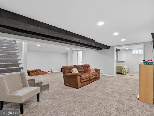 303 Stevens Ave, Reading, PA 19608 - living room with carpet floors, stairway, recessed lighting, and baseboards