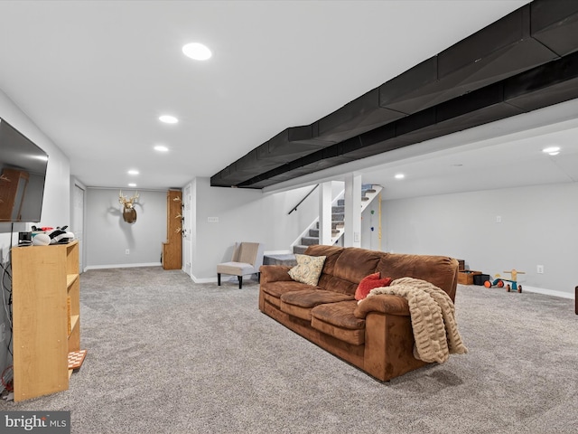 303 Stevens Ave, Reading, PA 19608 - carpeted living room featuring stairway, recessed lighting, and baseboards