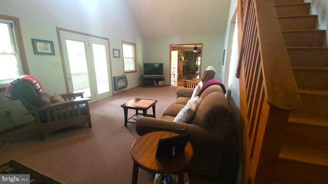 1725 Loop Rd, Franklin, WV 26807 - living area featuring carpet, vaulted ceiling, a ceiling fan, stairs, and heating unit