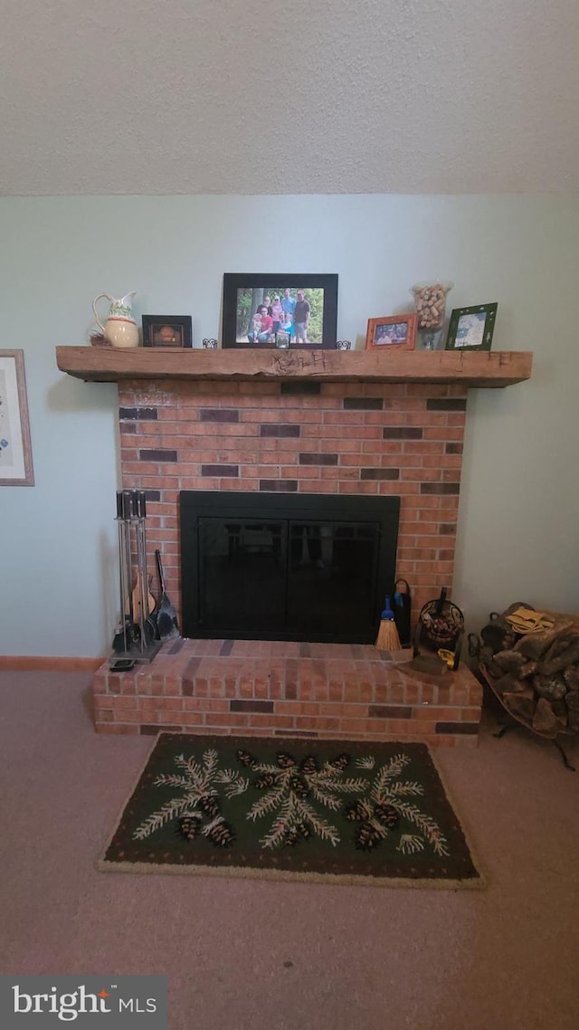 1725 Loop Rd, Franklin, WV 26807 - detailed view of a brick fireplace, carpet, and a textured ceiling
