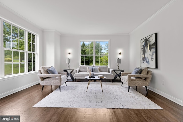 5204 Muirfield Dr, Ijamsville, MD 21754 - living room featuring baseboards, crown molding, and dark wood-style flooring