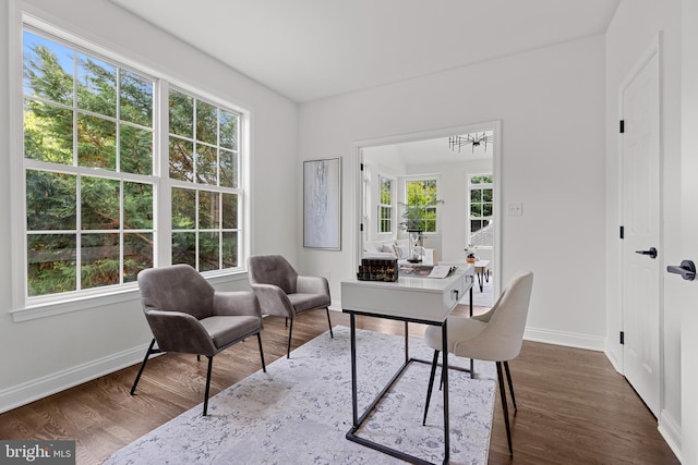 5204 Muirfield Dr, Ijamsville, MD 21754 - office area featuring baseboards, wood finished floors, and a chandelier