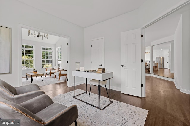 5204 Muirfield Dr, Ijamsville, MD 21754 - home office featuring dark wood-style floors, baseboards, and a chandelier