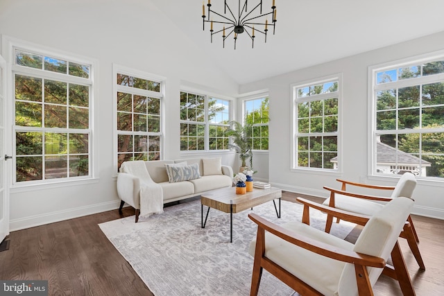5204 Muirfield Dr, Ijamsville, MD 21754 - sunroom / solarium featuring baseboards, plenty of natural light, wood finished floors, high vaulted ceiling, and a chandelier