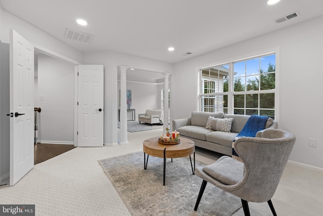5204 Muirfield Dr, Ijamsville, MD 21754 - living room with ornate columns, carpet floors, recessed lighting, and baseboards