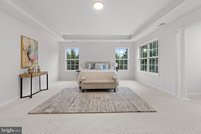 5204 Muirfield Dr, Ijamsville, MD 21754 - carpeted bedroom featuring a tray ceiling, ornate columns, and baseboards