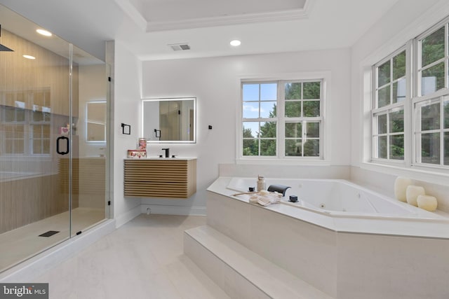 5204 Muirfield Dr, Ijamsville, MD 21754 - full bathroom featuring plenty of natural light, vanity, a stall shower, a whirlpool tub, and recessed lighting
