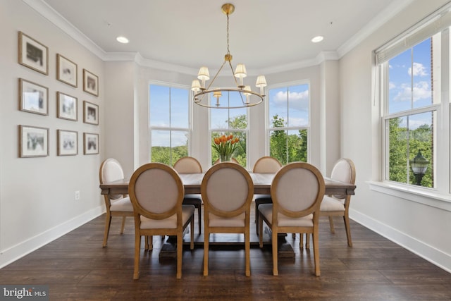 13126 Hawkeye Aly, Clarksburg, MD 20871 - dining space featuring a chandelier, crown molding, baseboards, dark wood finished floors, and recessed lighting