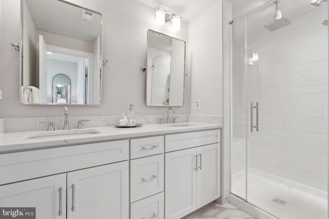 13126 Hawkeye Aly, Clarksburg, MD 20871 - full bathroom with marble finish floors, a stall shower, and double vanity