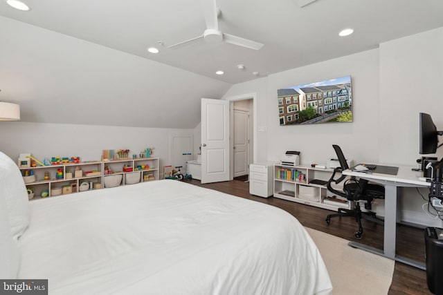 13126 Hawkeye Aly, Clarksburg, MD 20871 - bedroom featuring dark wood-style flooring, lofted ceiling, recessed lighting, a desk, and a ceiling fan