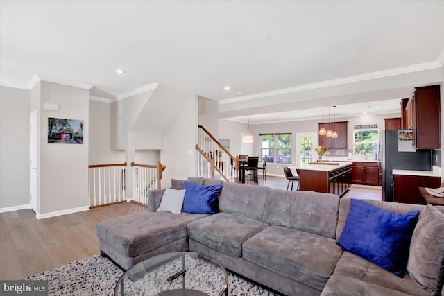 182 Mohegan Dr, Havre De Grace, MD 21078 - living area with light wood-style flooring, crown molding, baseboards, recessed lighting, and stairway
