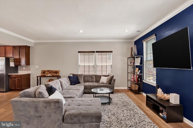 182 Mohegan Dr, Havre De Grace, MD 21078 - living room featuring light wood-style flooring, ornamental molding, baseboards, and recessed lighting