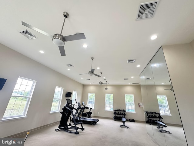 182 Mohegan Dr, Havre De Grace, MD 21078 - exercise room with ceiling fan, healthy amount of natural light, recessed lighting, and baseboards