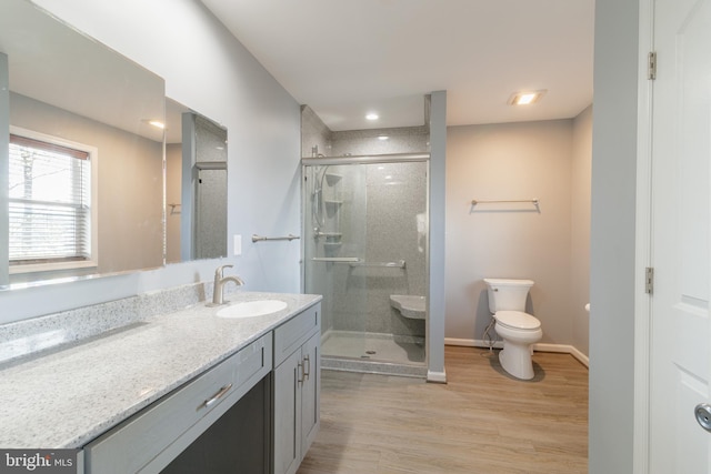 87 Tulip Poplar Dr, Linden, VA 22642 - bathroom with toilet, vanity, a shower stall, and wood finished floors