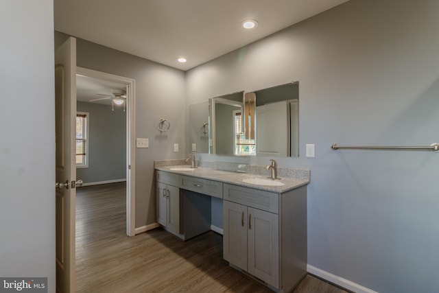 87 Tulip Poplar Dr, Linden, VA 22642 - full bathroom with double vanity, wood finished floors, baseboards, a ceiling fan, and recessed lighting