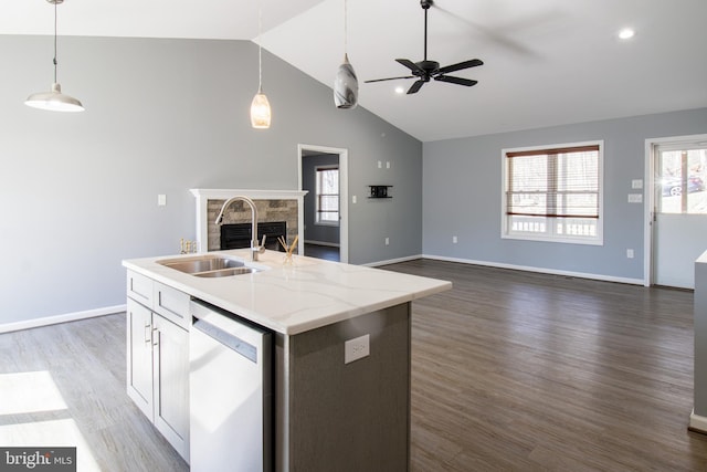 87 Tulip Poplar Dr, Linden, VA 22642 - kitchen featuring white dishwasher, a sink, open floor plan, a stone fireplace, and plenty of natural light