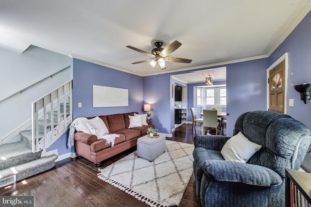 5016 56th Ave, Hyattsville, MD 20781 - living area with stairway, ornamental molding, wood finished floors, and ceiling fan
