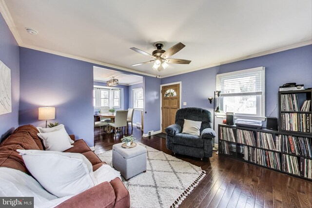 5016 56th Ave, Hyattsville, MD 20781 - living room featuring a ceiling fan, crown molding, and dark wood-style floors