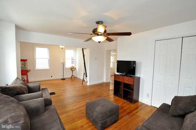 81 Jarvis St, Pemberton, NJ 08068 - living room featuring wood finished floors, ceiling fan, and baseboards