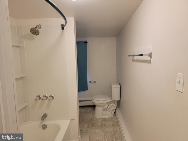 128 W Main St, New Bloomfield, PA 17068 - bathroom featuring baseboard heating, toilet, washtub / shower combination, baseboards, and marble finish flooring