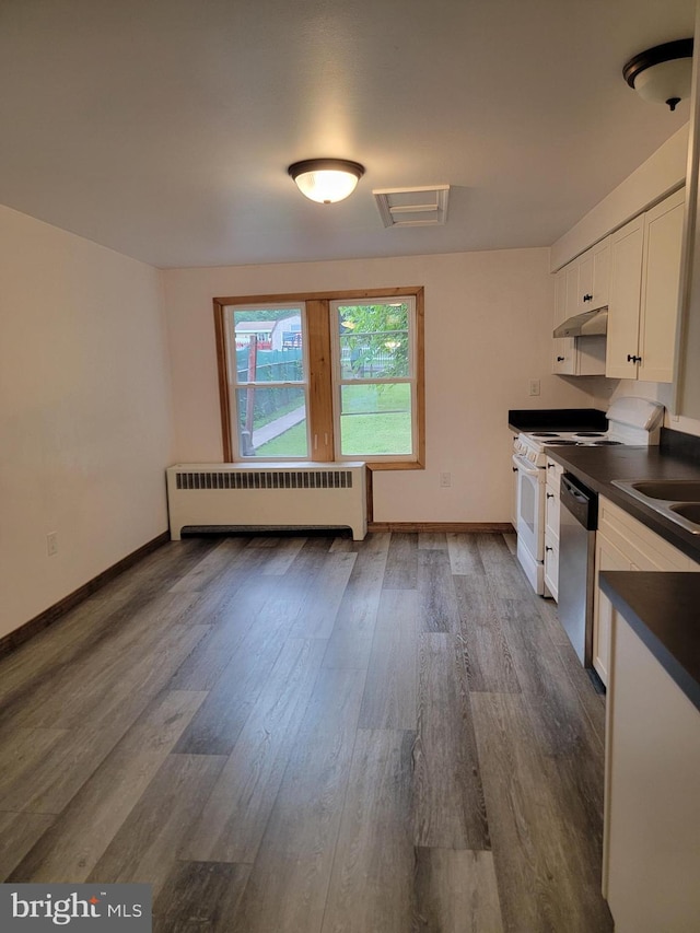 128 W Main St, New Bloomfield, PA 17068 - kitchen featuring radiator, stainless steel dishwasher, dark countertops, white cabinets, and under cabinet range hood