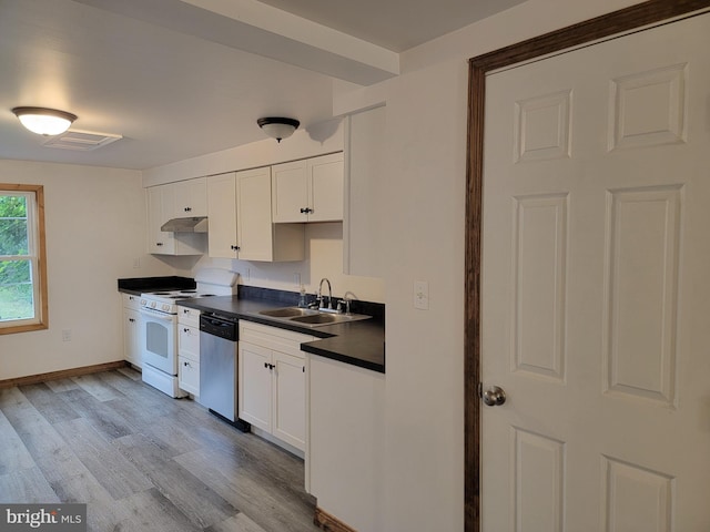 128 W Main St, New Bloomfield, PA 17068 - kitchen with a sink, stainless steel dishwasher, dark countertops, white range, and wood finished floors