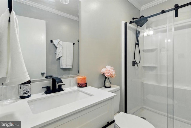 6548 10th St, Chesapeake Beach, MD 20732 - full bath featuring a stall shower, toilet, vanity, and ornamental molding