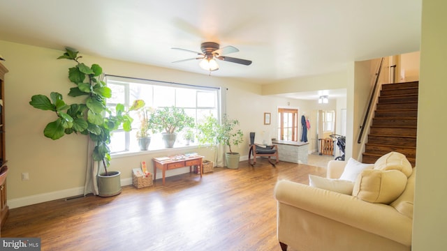 3809 Carriage House Dr, Camp Hill, PA 17011 - living area featuring stairway, a ceiling fan, and wood finished floors