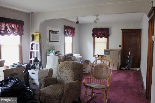 34 Andrew St, Hamilton, NJ 08610 - carpeted dining room with a wall mounted AC, track lighting, and arched walkways