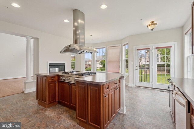 24 Tocati St, Thurmont, MD 21788 - kitchen with island range hood, stainless steel appliances, stone tile flooring, brown cabinets, and recessed lighting