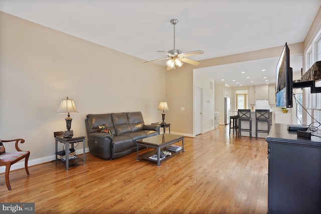 5438 Sherman Oaks Ct, Haymarket, VA 20169 - living room with light wood-type flooring, ceiling fan, and recessed lighting