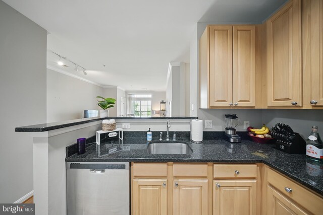 2465 Army Navy Dr Unit 1-303, Arlington, VA 22206 - kitchen featuring stainless steel dishwasher, a sink, crown molding, dark stone counters, and light brown cabinets