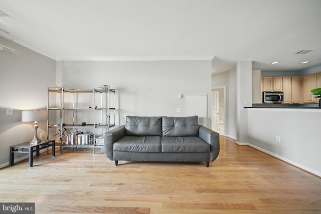 2465 Army Navy Dr Unit 1-303, Arlington, VA 22206 - living room with ornamental molding, light wood-type flooring, baseboards, and recessed lighting