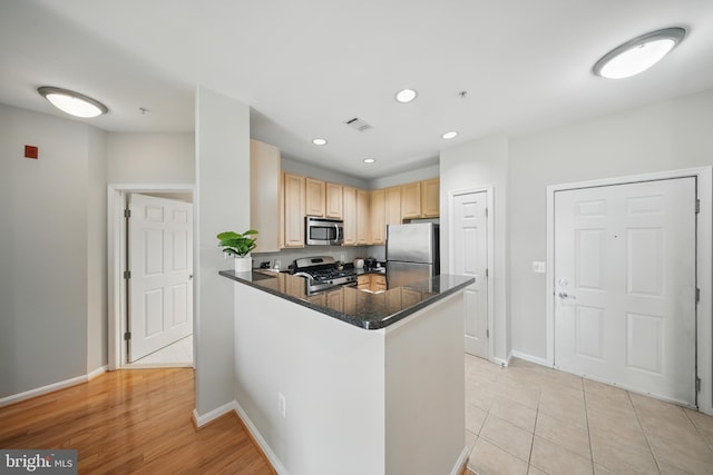 2465 Army Navy Dr Unit 1-303, Arlington, VA 22206 - kitchen featuring stainless steel appliances, light brown cabinetry, baseboards, a peninsula, and recessed lighting